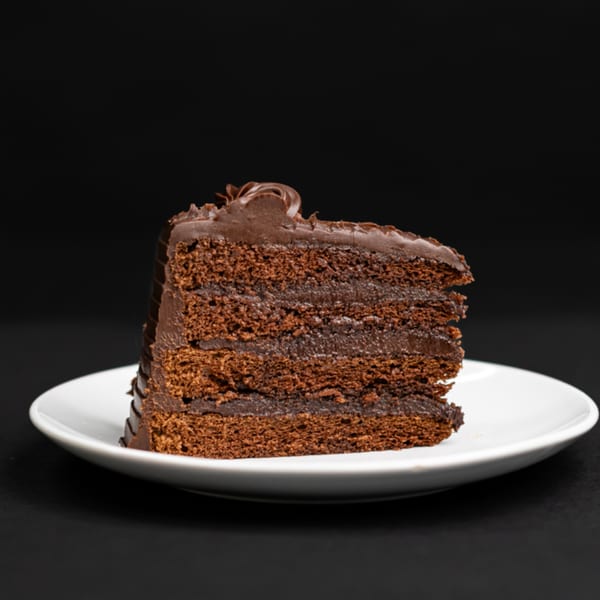 A rich, multi-layered chocolate cake slice with frosting on a white plate.