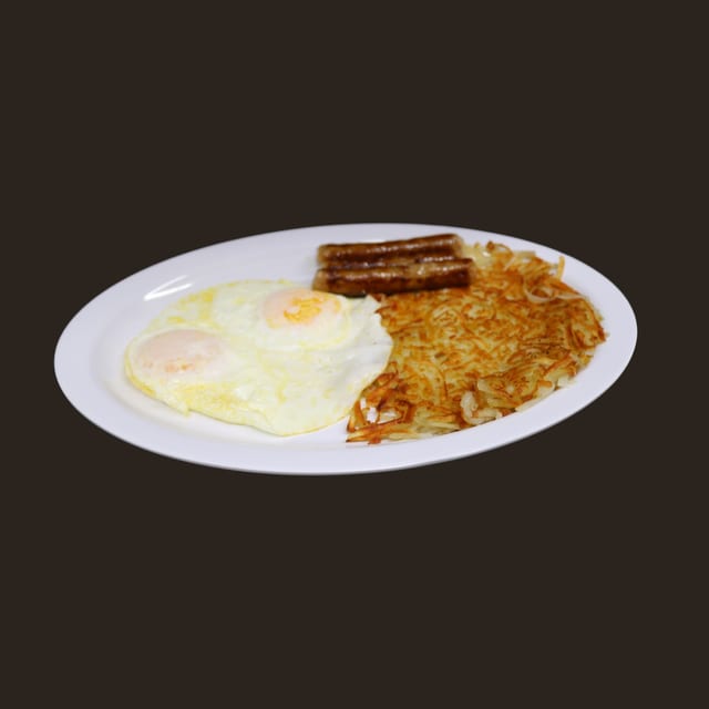 Two Eggs with Hashbrown and Sausage Breakfast.