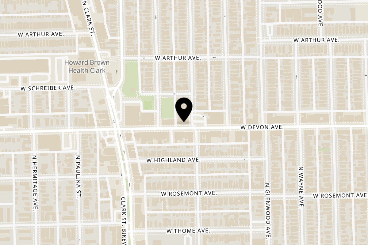 Map showing the location of Burger Bite on 1500 West Devon Avenue in Chicago